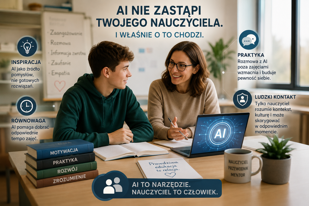 AI w edukacji – nauczyciel i student wykorzystujący sztuczną inteligencję do nauki